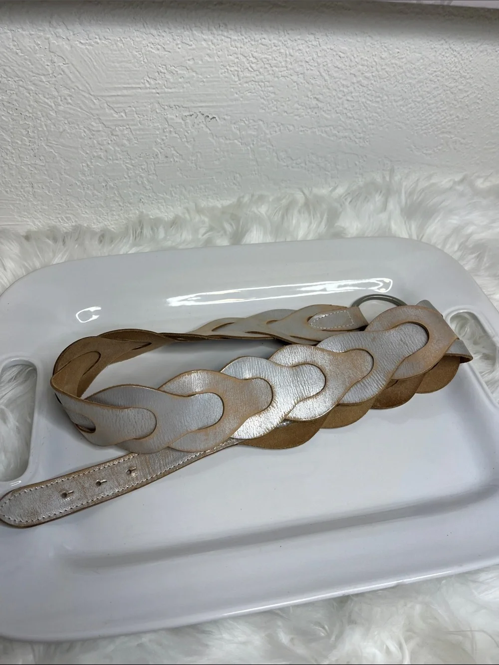 Leather Braided Distressed Metallic Silver Waist Belt with Silver Ring